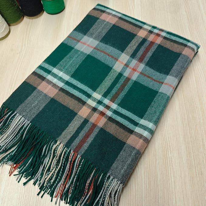 Soft 100% Wool Throw Blanket, Lightweight Warmth, 55"x83", Compact with Bag, Fringe, Plaid, Useful Gift for Women Men, Spring Summer Cozy Travel Blanket for Couch, Airplane, Car, Outdoors