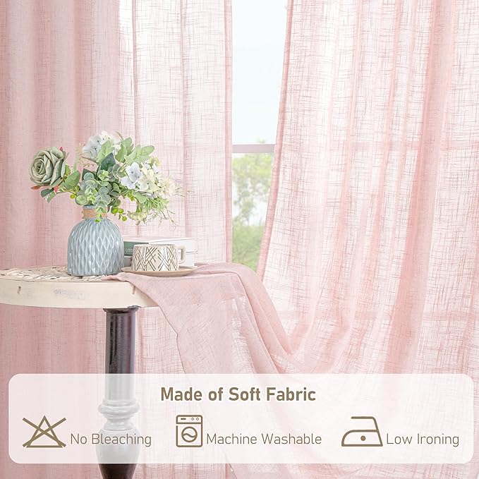 LAMIT Pink Linen Curtains for Living Room 96 Inches, Back Tab and Rod Pocket Semi Sheer Panels Light Filtering Farmhouse Drapes for Bedroom/Girl's Room, Set of 2, 52 x 96 Inch