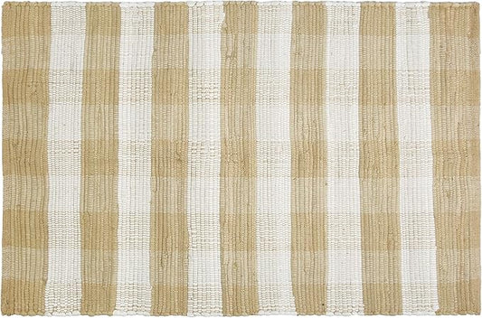 GLAMBURG Cotton Buffalo Check Plaid Rug, Washable Handwoven Checkered Rug, 22x34, Beige Natural, Kitchen Bathroom Outdoor Porch Laundry Living Room, Farmhouse Reversible Rag Rug