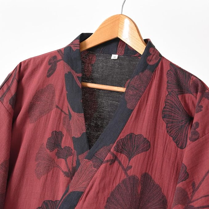 100% Cotton Gauze Ginkgo Leaf Kimono Robe, Long Knit Loose Bathrobe Nightgown Ladies Loungewear Sleepwear for Women