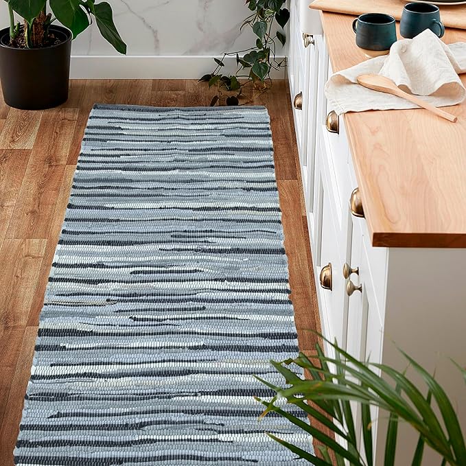 Cotton Hand Woven Chindi Runner Rug 2x6 Feet - Charcoal, Farmhouse Stripe Soft Area Floor Runners Ideal for Hallways, Kitchen, Nursery | Grey Decorative Reversible Indoor Space Mat for Bedroom