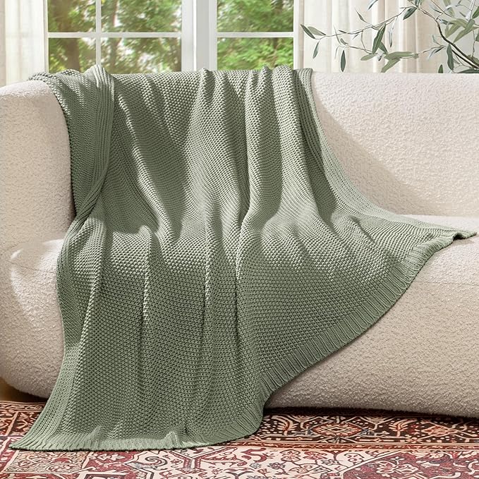 100% Cotton Cable Knit Throw Blanket, Lightweight Soft Knit Blanket for Sofa Couch Bed, Breathable All-Season Throw, Cozy Decorative Blanket, 50 x 60 Inch,Sage