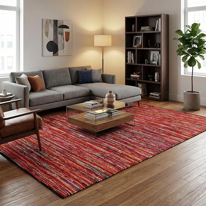 Cotton Chindi Rag Area Rug 8x10 Feet - Multi, Handwoven Boho Farmhouse Floor Rug, Reversible Multi-Color Woven Carpet for Living Room, Bedroom, Dining Room, Office | Large Home Décor Patio Mat