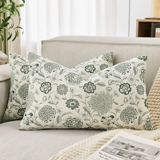 100% Cotton Botanical Lumbar Throw Pillow Covers Set of 2, 12x20 Inch Black, Farmhouse Double-Sided Floral Print Decorative Cushion Covers Pillow Cases Boho Home Decor