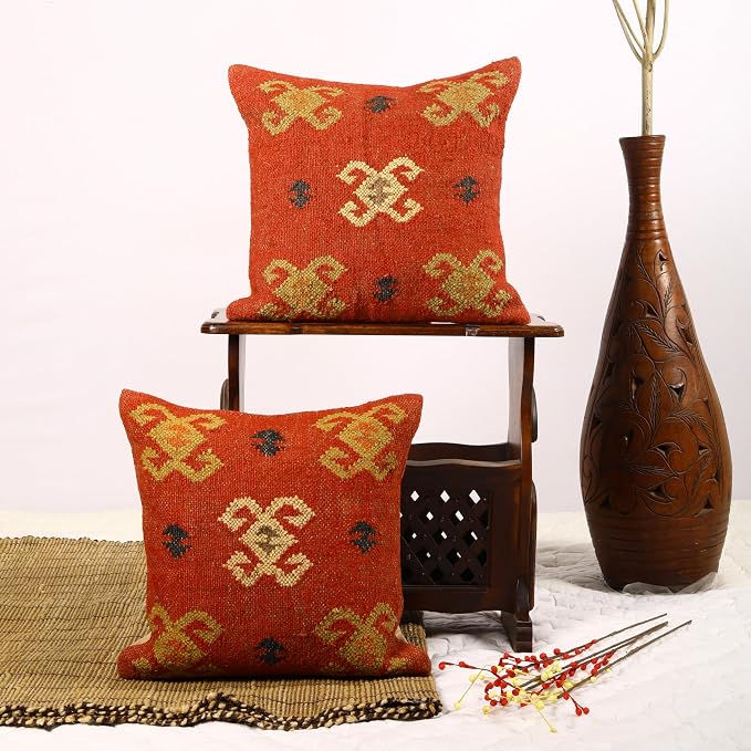 Trade Star 70% Jute 30% Wool Pillow Shams Set of 2 Kilim Cushion Cover Rug Decorative Pillowcase Beautiful Cushion case Handwoven Throw Pillow Covers 18x18 Inches for Home Decor (Kilim 9)