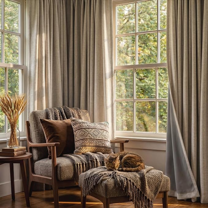 RYB HOME Burlap 100% Blackout Linen Curtains for Bedroom 52 Width 120 Long, Thich Elegant Extra Long Drapes for Modern/Vintage/Farmhouse Home Decor, Thermal Insulated Window Treatment, 2 Panels