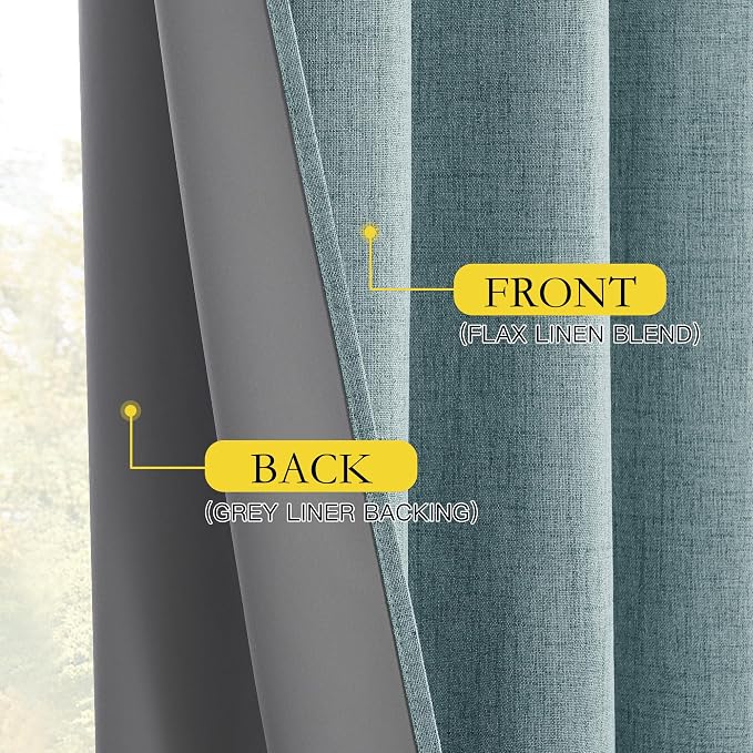 NICETOWN Skylark Blue Full Blackout Back Tab Linen Curtains for Bedroom 84" Long 2 Panels, Boho-Chic Thick Linen Blend Drapes, Insulated Window Cover Draperies with White Backing for Cafe (42" Wide)