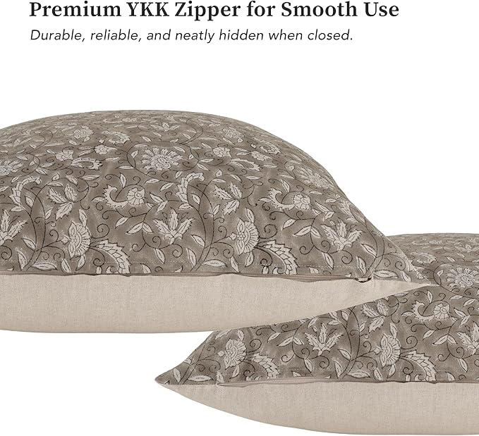 Hand-Block Printed, Artisan-Made Neutral Accent Throw Pillow Covers- 100% Cotton Cushion for Sofa, Bed, Chair, Home Decor, Boho, Indoor - Lina (New Greige, 20" x 20" (Pack of 2))