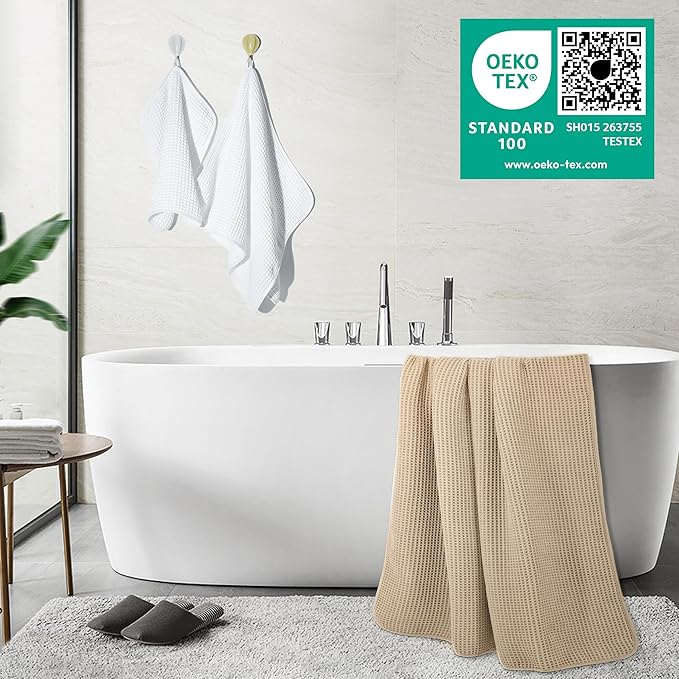 POLYTE 430 GSM Microfiber Quick Dry Lint Free Oversize Bath Towel Set, 6 Piece (Waffle Weave)