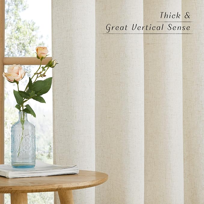 NICETOWN Farmhouse Linen Curtains Semi Sheer 72 inch Long, Rod Pocket Privacy Added with Light Filtering Linen Weave Vertical Drapes for Loft/Home Office, Natural, W55 x L72, 2 Panels