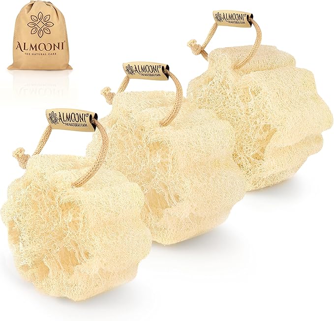 Almooni Mini Natural Loofah Sponge - Real Egyptian Shower Exfoliating Loofah - Small Loofah Scrubber for The Perfect Grip - 3 Count(1 Pack)