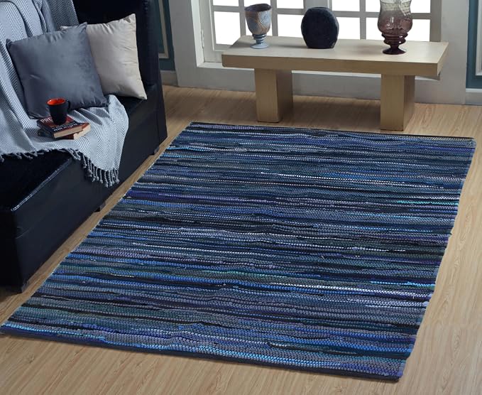 Handmade Cotton Chindi Rug Runner Area Rag Washable Recycled Rugs for Home Décor, Living Room and Bedroom (NavyBlue, 4X6 Feet)