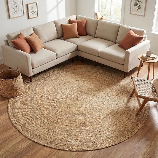 THE BEER VALLEY Jute Braided Area Rug 8 Feet Round - Natural | Reversible Handwoven Circle Rug for Living Room, Bedroom, Nursery - Large Farmhouse Indoor Décor Floor Mat