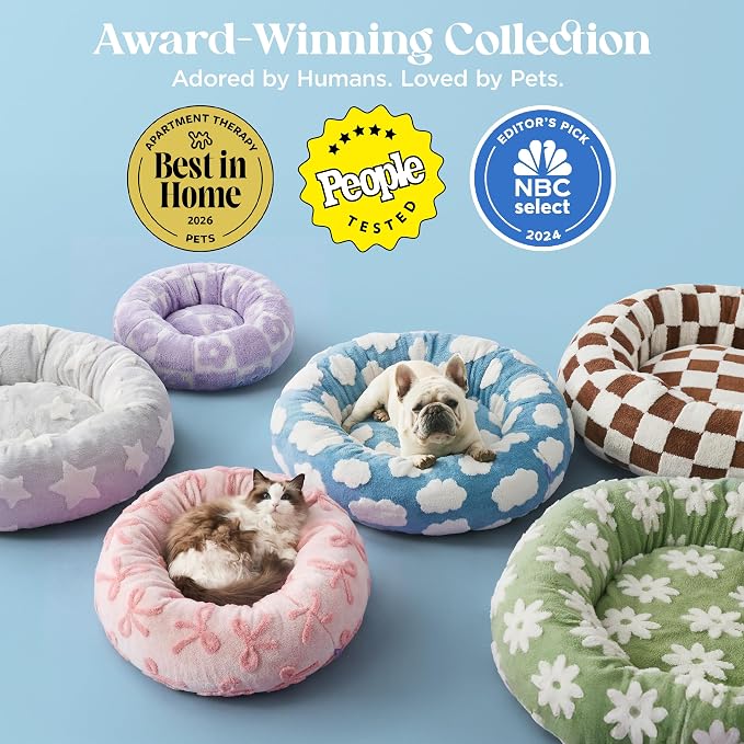 Lesure Shown on TV Donut Dog Beds Large - XL Calming Round Sofa as Present for Pets with Washable Cover, Orthopedic Home Decor Bed with Jacquard Shaggy Plush & Anti Slip Bottom, 36 Inch，Flower Checks