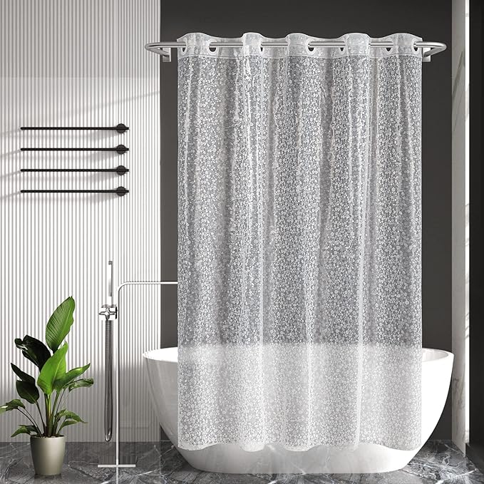 No Hook Shower Curtain or Liner - 8G Heavy Duty Cobblestone Bathroom Shower Curtain No Hooks Required, Waterproof Plastic & PVC Free, Standard Size 71 x 74, Pebble