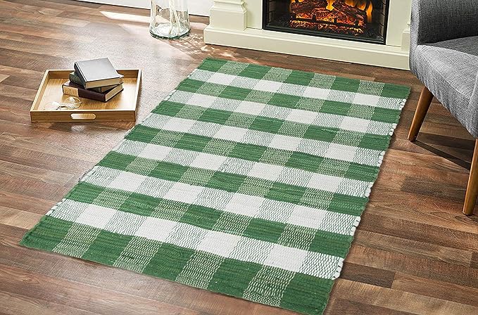 GLAMBURG Cotton Buffalo Check Plaid Washable Handwoven Checkered Welcome Door Mat 18x30 for Kitchen Bathroom Outdoor Porch Laundry Living Room, Farmhouse Reversible Rag Rug Green White