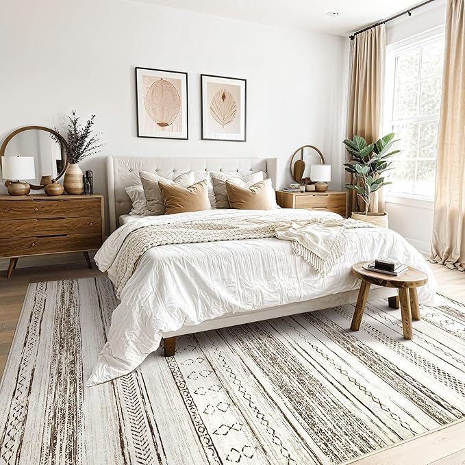 Tortania Area Rug Living Room Rugs - 5x8 Washable Large Soft Neutral Boho Moroccan Bohemian Farmhouse Rug Indoor Floor Carpet for Bedroom Under Dining Table Home Office Decor - Cream Brown