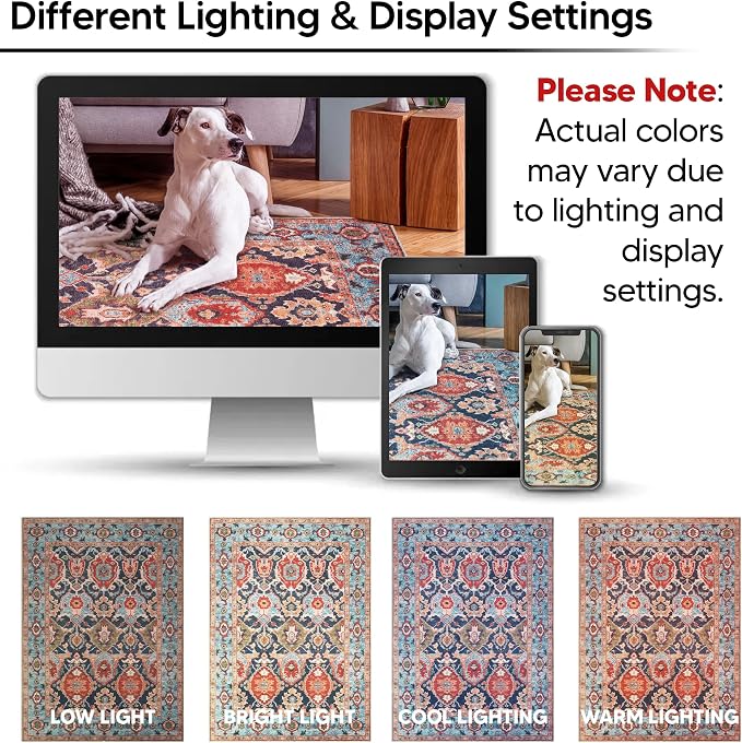 Keen Home Design 8x10 Rug - Machine Washable Area Rug with Non-Slip Backing, Ideal for Living Room, Dining Room, Bedroom - Vintage, Easy Clean, Durable, Low Pile Rug - (8' x 10')