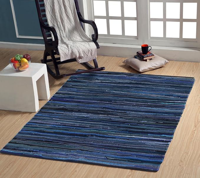 Handmade Cotton Chindi Rug Runner Area Rag Washable Recycled Rugs for Home Décor, Living Room and Bedroom (NavyBlue, 4X6 Feet)