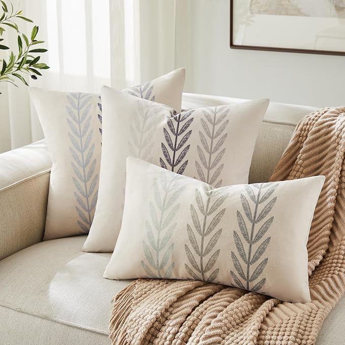 100% Cotton Farmhouse Leaves Lumbar Throw Pillow Covers Set of 2, 12x20 Inch Mixed Grey Pastoral Decorative Print Cushion Covers for Sofa Bed Living Room Home Decor