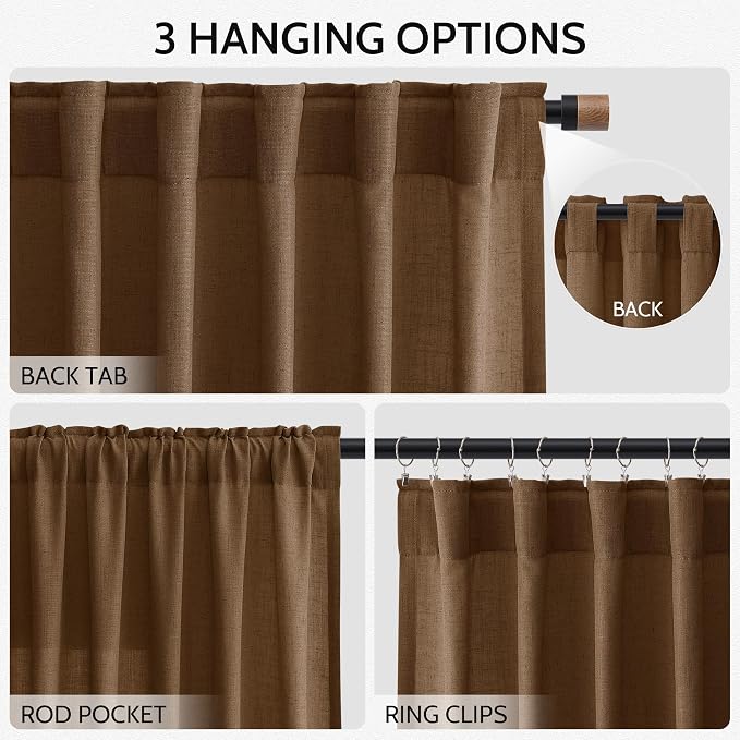 Nanspring Tobacco Brown Linen Curtains 72 inch Length for Living Room Back Tab Rod Pocket Semi Sheer Modern Farmhouse Coastal Decor Cotton Textured Gauze Curtain for Dining Room Office 52x72