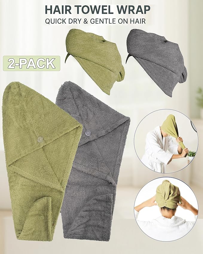 Textila 100% Cotton Hair Wrap Towels for Women (Pack of 2, Grey & Green) – Soft & Absorbent Turban Towels for Long, Curly, Frizz-Prone Hair