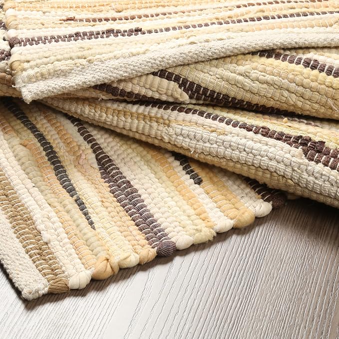 Cotton Hand Woven Chindi Runner Rug 2x6 Feet - Beige, Lightweight Decorative Soft Throw Indoor Floor Rag Rugs Ideal for Hallways, Kitchen, Bedroom | Linen Soft Braided Textured Carpet for Office Décor