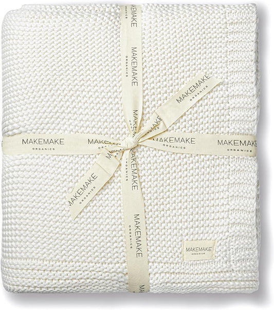 Makemake Organics Organic Cotton Throw Blanket GOTS Certified Organic Knit Blanket Couch Bed Neutral Fall Colors Soft Cotton Throw Blanket Large (50x60, Ivory)