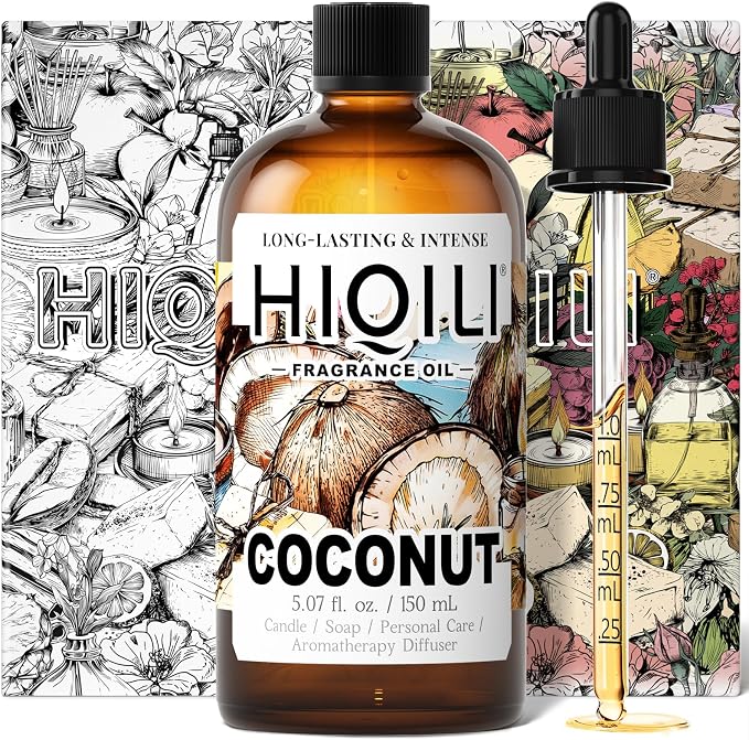 HIQILI Coconut Fragrance Oil for Soap, Candle Making & Diffuser | Ideal for Body Spray, Women's Perfume Making, Creamy Scents - 5.07 Fl Oz / 150 ML