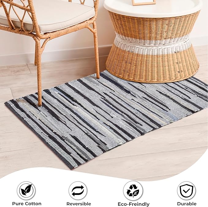 Cotton Hand Woven Chindi Rug 2x3 Feet - Charcoal, Farmhouse Stripe Reversible Throw Indoor Decorative Carpet Ideal for Entryway, Kitchen, Kids Space | Grey Small Area Floor Rag Rugs for Patio