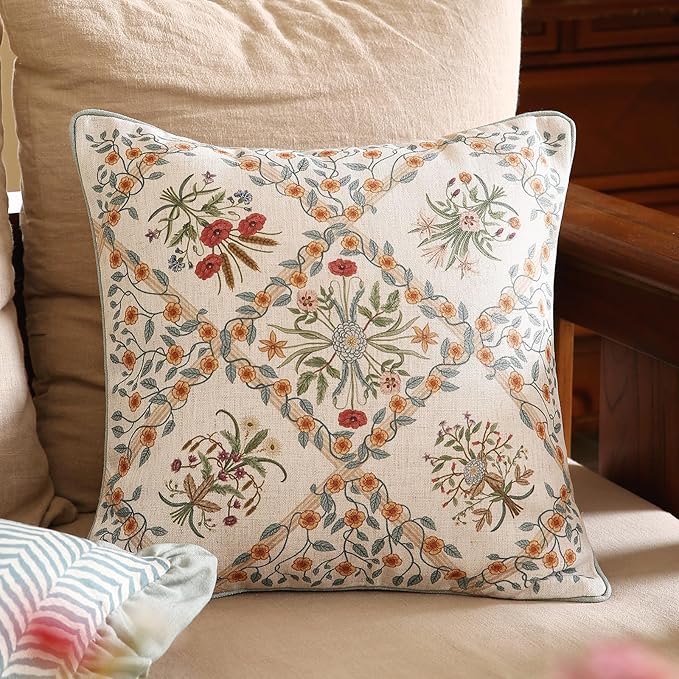 ISAENNE Design Linen Throw Pillow Covers 18"x18" Pack of 2, Square Farmhouse Cushion Covers with Red Pink Yellow Watercolor Wildflower Pattern Decor Pillowcases for Bed,Living Room,Outdoor,Car