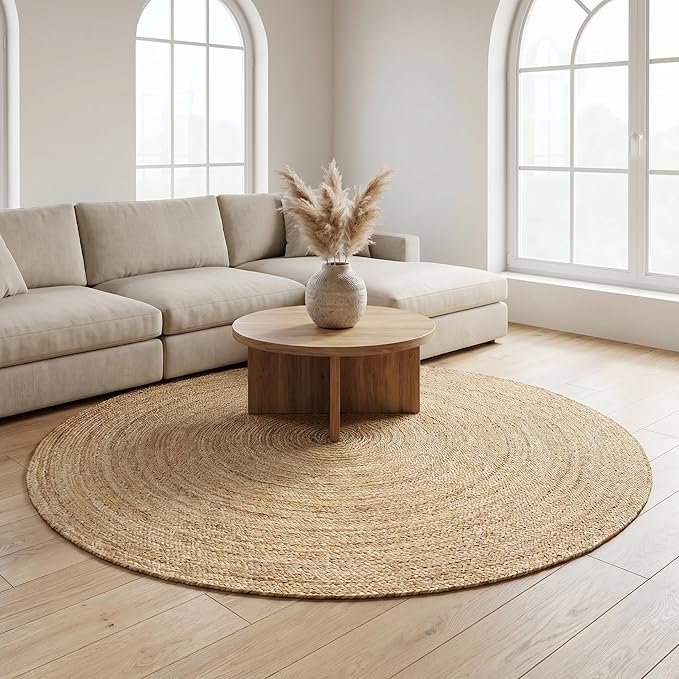 THE BEER VALLEY Jute Braided Area Rug 6 Feet Round - Natural | Reversible Handwoven Circle Rug for Living Room, Bedroom, Nursery - Large Farmhouse Indoor Décor Floor Mat