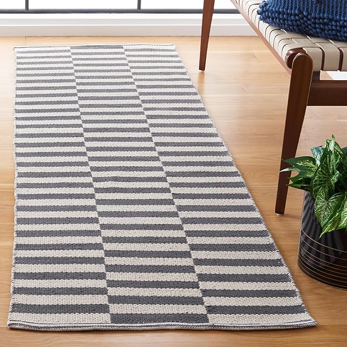 SAFAVIEH Montauk Collection Runner Rug - 2'3" x 19', Ivory & Grey, Handmade Stripe Cotton, Ideal for High Traffic Areas in Living Room, Bedroom (MTK715A)