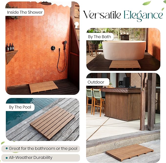 Large Walnut Bamboo Bath Mat – Non-Slip Design Sauna Floor Mat, Secure Grip Pads, Water-Resistant Coating, Durable for Indoor/Outdoor Use, Bamboo Decor