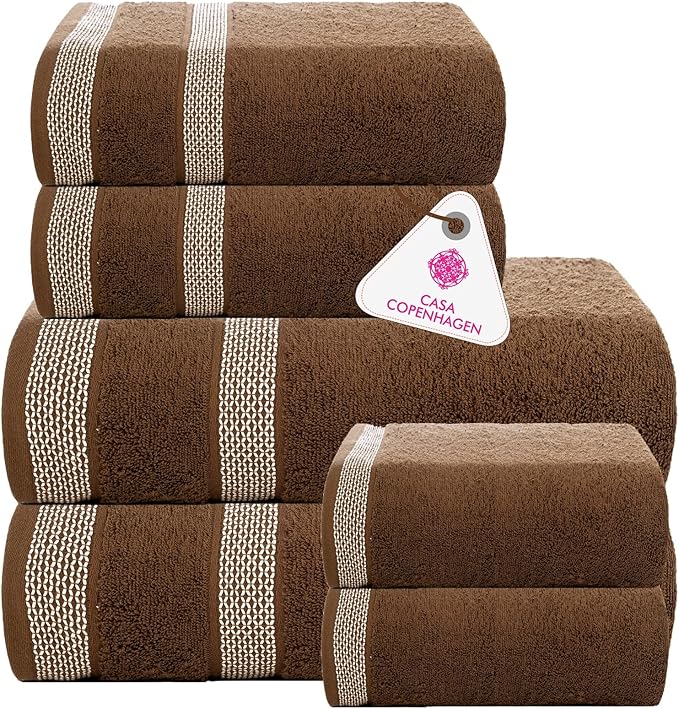 CASA COPENHAGEN Solitaire 6Pcs 100% Egyptian Cotton Large Designer Towels Gift Set- Chocolate, 600GSM, 2Bath 2Hand 2Washcloths, Bath Towels for Bathroom (Box Pack, Gift Set for Women & Men)