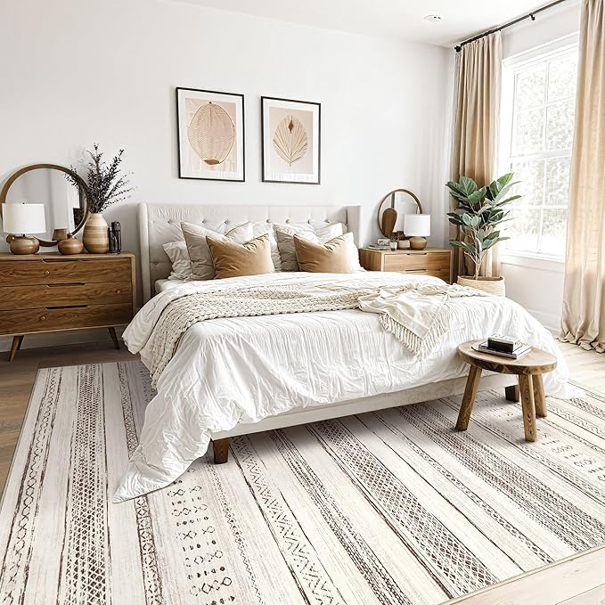 Tortania Area Rug Living Room Rugs - 7x9 Washable Large Soft Neutral Boho Moroccan Bohemian Farmhouse Rug Indoor Floor Carpet for Bedroom Under Dining Table Home Office Decor - Cream Brown