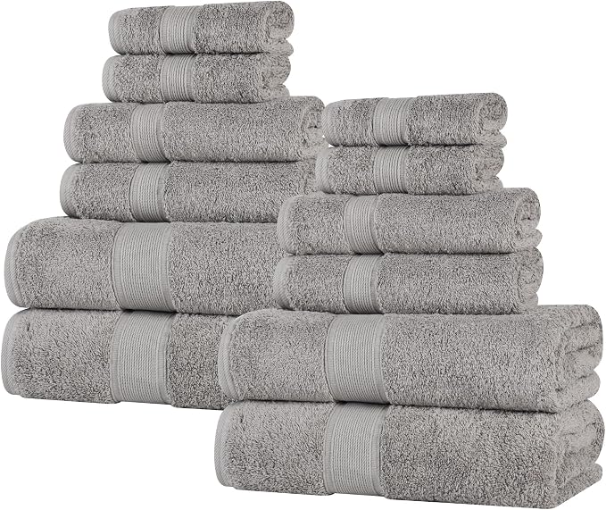 Superior Organic Cotton Solid Accessories for Bathrooms Towel Set, 12PC, Silver 12 Piece