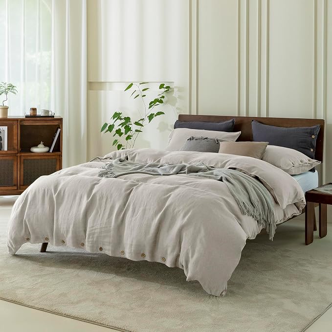 EVERLY 100% Pure Linen Duvet Cover Set King Size 104x90 Inch 3 Pieces (1 Duvet Cover, 2 Pillowcases) Soft and Breathable for All Season with Coconut Button Closure, Suitable for Hot Sleepers