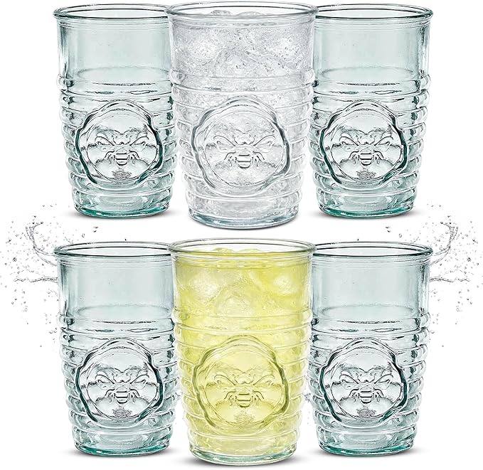 COURONNE CO. Clear Recycled Drinking Glass Tumbler, Perfect for Cocktails, Refreshments & Everyday Use, Restaurant Grade, Crafted without lead-based materials (11.2 Oz, Bee), Pack of 6