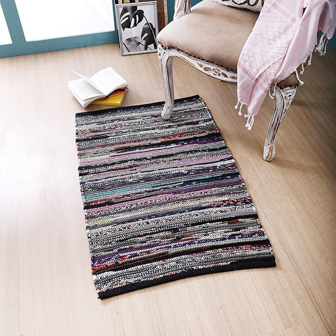 Ramanta Home 100% Cotton Chindi Hosiery Rug 24x36 Inch - Dark Multi, Farmhouse Reversible Soft Bohemeian Rugs Ideal for Entryways, Kitchen, Bedroom | Durable Lightweight Handmade Accent Doormat