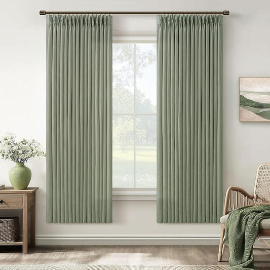 Green Linen Blend 72 Inch Curtains for Bedroom Rustic Pinch Pleat Semi Sheer Window Drapes Light Filtering Privacy Cottage Farmhouse Office Sunroom Cabin Back Tab Sage Viral Pleated Curtains 50x72