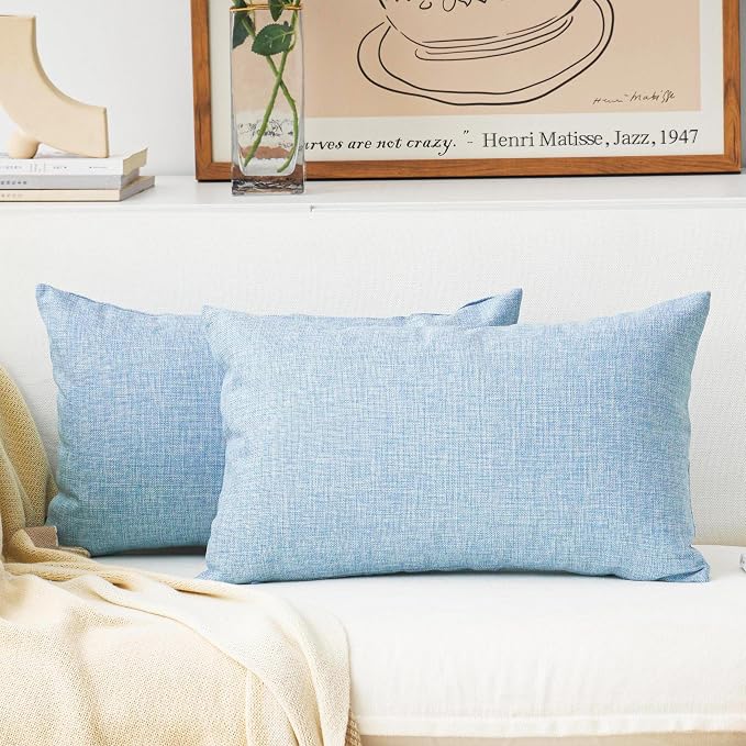 Home Brilliant Lined Burlap Linen Decorative Pillowcases Oblong Cushion Cover for Bench, 2 Pack, 12" x 20", Light Blue