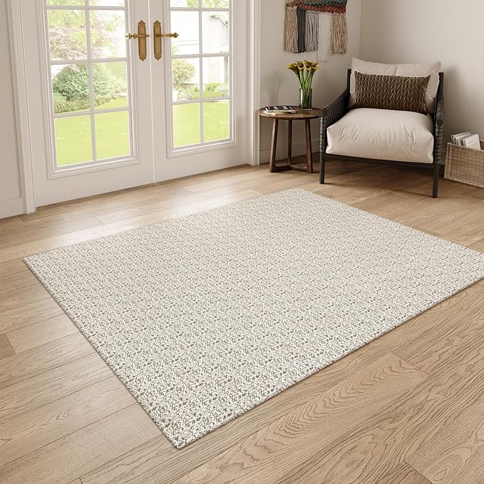 Collive Area Rugs 4x6, Farmhouse Machine Washable Living Room Rug Boho Woven Cotton Bedroom Rugs, Tan Modern Dining Room Rug Non Slip Indoor Carpet for Nursery Bedside Entryway Office