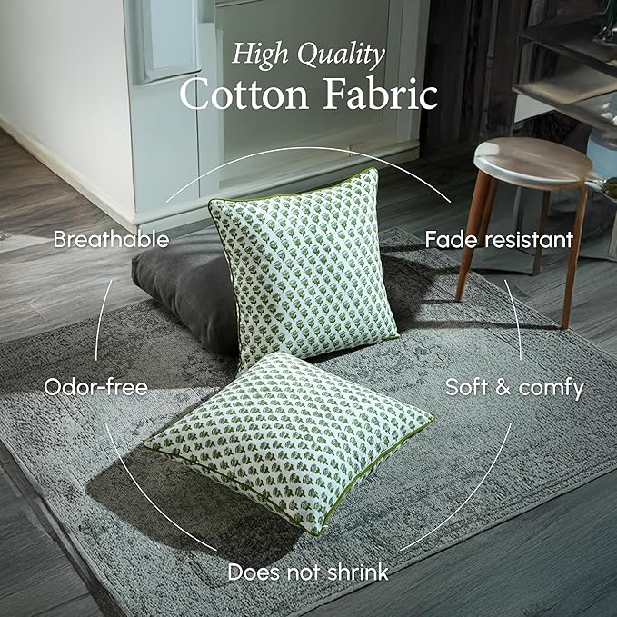 CPC 100% Cotton Throw Pillow Covers 24x24 Inch, Set of 2 Green Block Print Pattern Couch Pillow, Cute Boho Decorative Pillows for Living Room, Bedroom with Hidden Zipper- Emerald Green