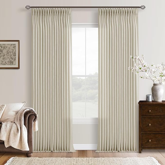 126 Inch Linen Pinch Pleated Curtains 2 Panels for Living Room Bedroom Memory Training Shaped Semi Sheer Beige Light Tan Pinch Pleat Drapes with Hooks Rings Light Filtering Window Curtain 50x126