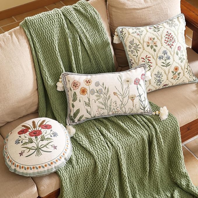 ISAENNE Design Linen Throw Pillow Covers 12"x20" Pack of 2, Lumbar Farmhouse Cushion Covers with Colorful Watercolor Wildflower Pattern for Bed, Living Room, Outdoor, Car