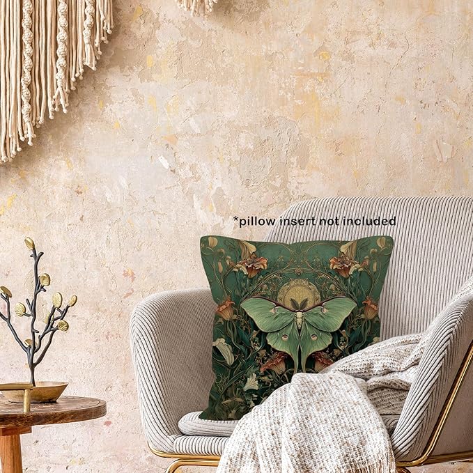 Vintage Luna Moth Throw Pillow Cover Gifts 18x18, Cottagecore Floral Decor Pillow Cases for Bedroom Living Room, Green Mystical Gothic Art Nouveau Square Pillowcases for Couch Bed Sofa