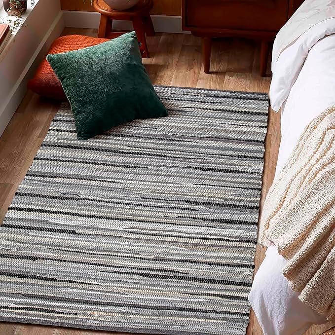 Ramanta Home Hand Woven 100% Cotton Rag Rug 3'x5' - Charcoal, Recycled Rugs, Boho Farmhouse Rugs for Living Room, Dinning Room, Kitchen, Entryway, Bedroom Rug - 36"x60"