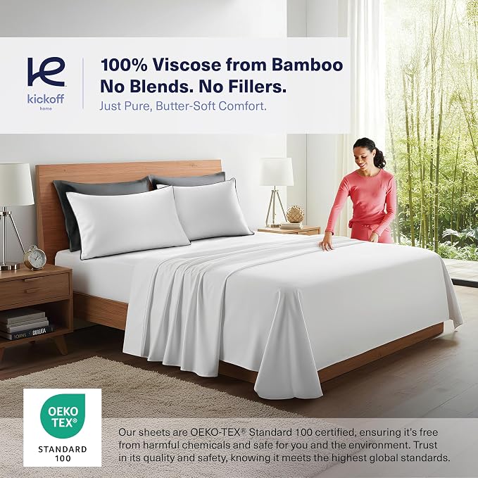 Kickoff Viscose Bamboo Pillowcase, King, Set of 2, 100% Organic Hidden Zippered Viscose Bamboo Pillow Case King Size, Cooling Pillow Cover for Hot Sleepers (20"x40", Trimmed, Pewter)