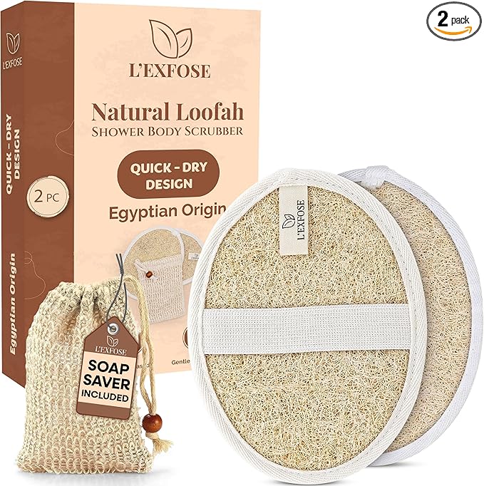 L'Exfose Organic Natural Loofah Body Scrubber for Shower – Dual Sided Egyptian Fiber Plastic Free Loofah – Quick Dry Natural Body Scrubber with Sisal Soap Saver Bag – Minimal Spa Gift for Men Women